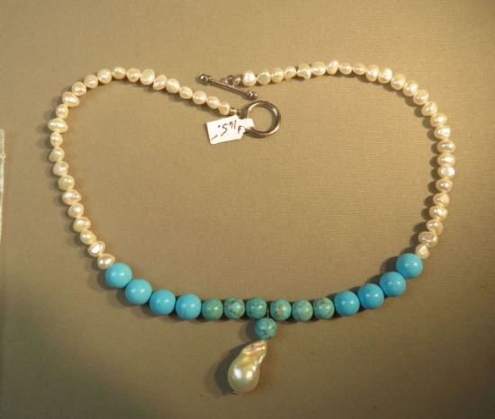 21" necklace - turquoise & fresh water pearl