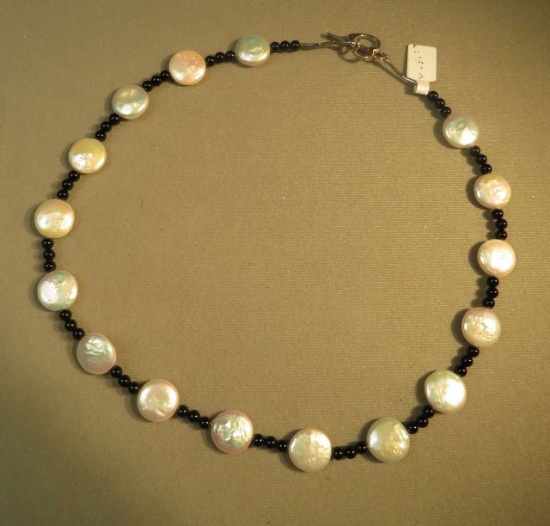19" necklace - black onyx & fresh water coin pearls