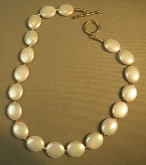 18" necklace - mother of pearl with gold filled beads & toggle clasp