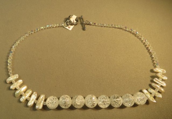 17" necklace - crackled crystal beads w/fresh water pearls with toggle