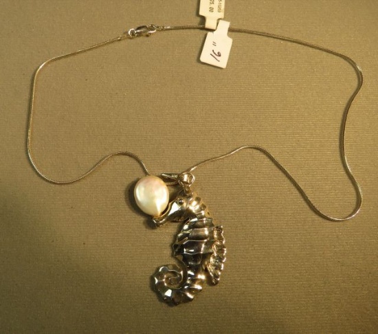 16" sterling necklace - seahorse w/coin pearl