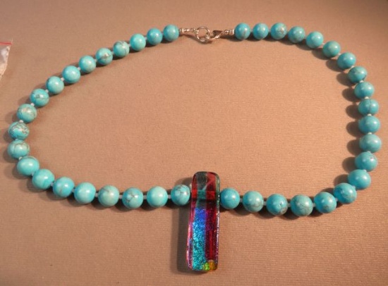 20" necklace - turquoise with dichroic glass & sterling lobster claw clasp