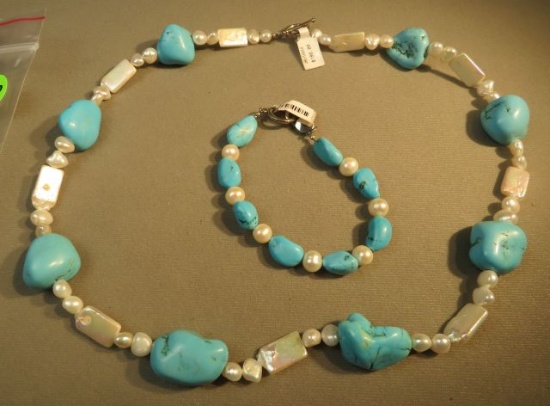 23" necklace & 8" bracelet - turquoise w/fresh water pearls, necklace w/silver toggle clasp, bracele