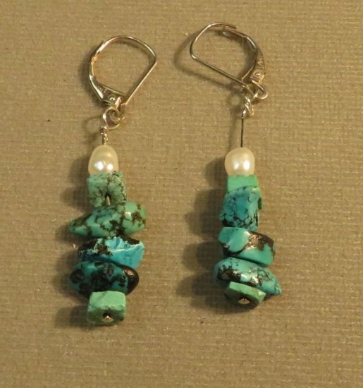 turquoise & fresh water pearl dangle leverback earrings