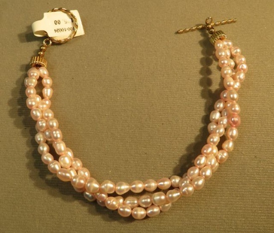7 1/2" bracelet - 3 strand pink fresh water pearls - gold filled - toggle clasp
