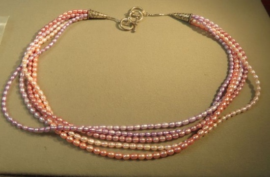 21" necklace - 5 strand pink, white & purple fresh water pearls - adjustable length