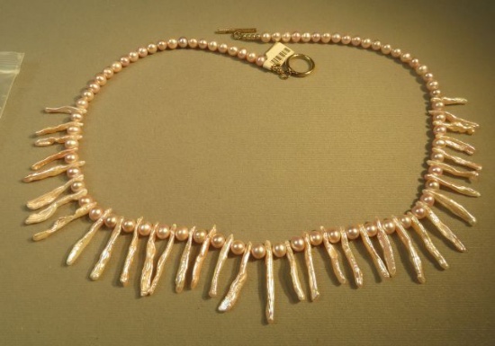 22" necklace - fresh water stick pearls w/round fresh water pearls  (pink cast)