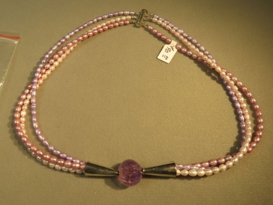 17" necklace - 3 strand fresh water pearls w/amethyst bead & silver cones