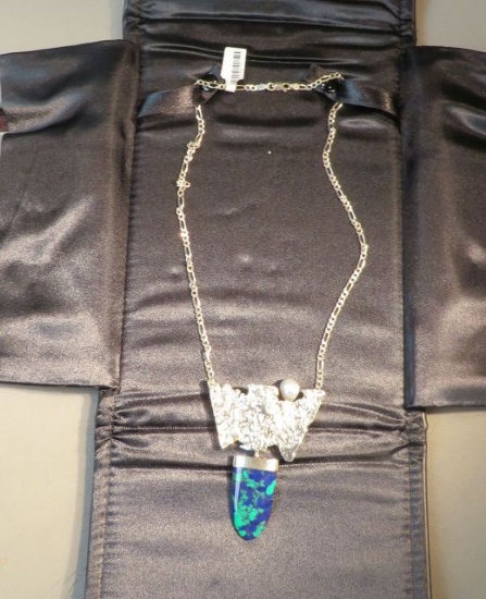 18" necklace - Sterling pendant w/malachite & azurite stone & fresh water pearl award winning (prese