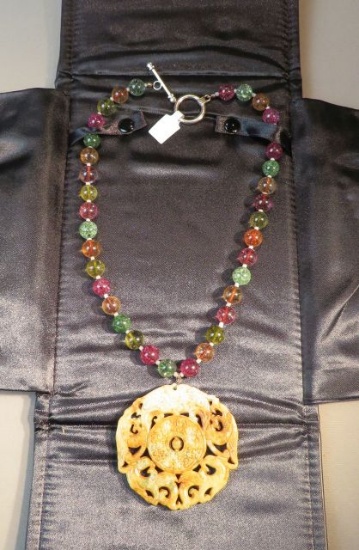 18" necklace - Multicolored glass beads w/jade disk , toggle clasp (presentation case included)