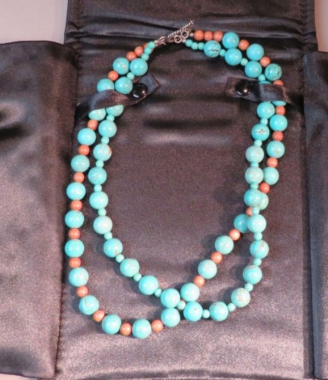 18" necklace - double strand Turquoise & jasper beads - toggle clasp (presentation case included)
