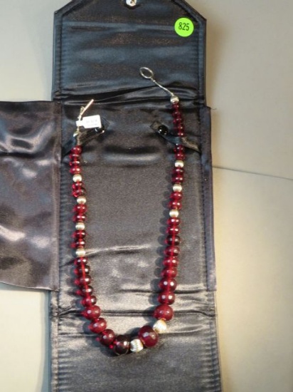 22" necklace - cranberry quartz w/silver beads - sterling toggle clasp (presentation case included)