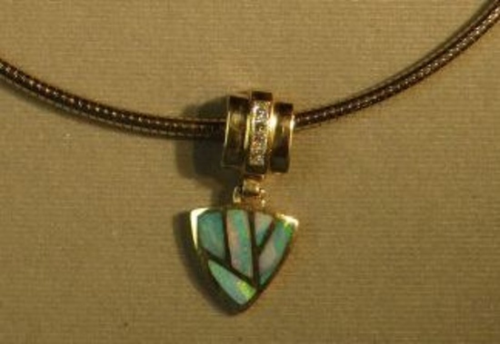 14K - yg- inlaid opal with 14K bezel, slider type bale w/4 diamonds 10 pt -  (display necklace chain