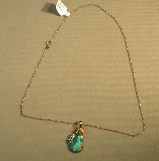 14K - yg- slider & 18" chain - opal with one 2 pt diamond