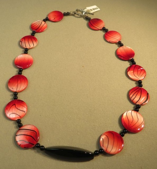 black onyx 18" necklace w/red & black flat glass beads
