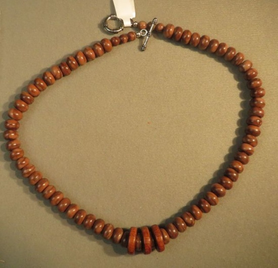 Jasper 18"necklace w/3 wooden beads & toggle clasp