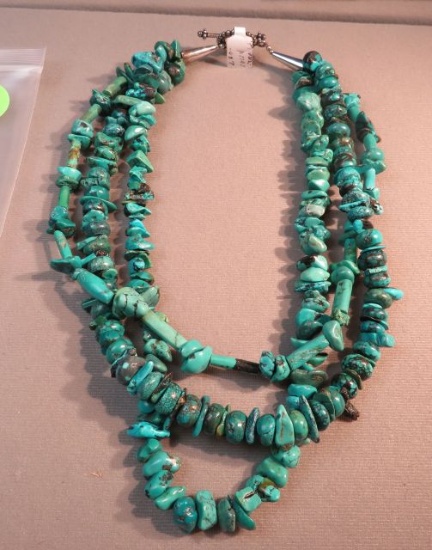 3 strand 16" necklace - turquoise chips w/sterling cones