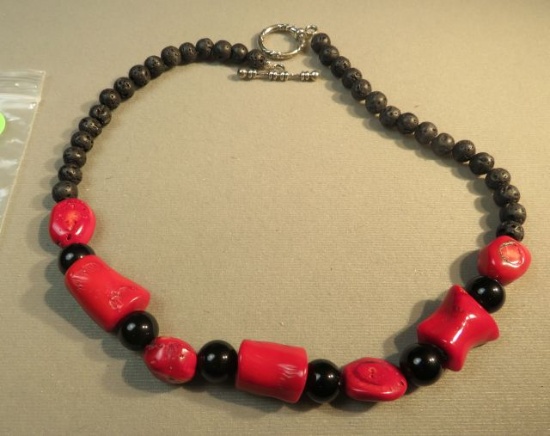 19" necklace - enhanced coral, onyx & lava beads