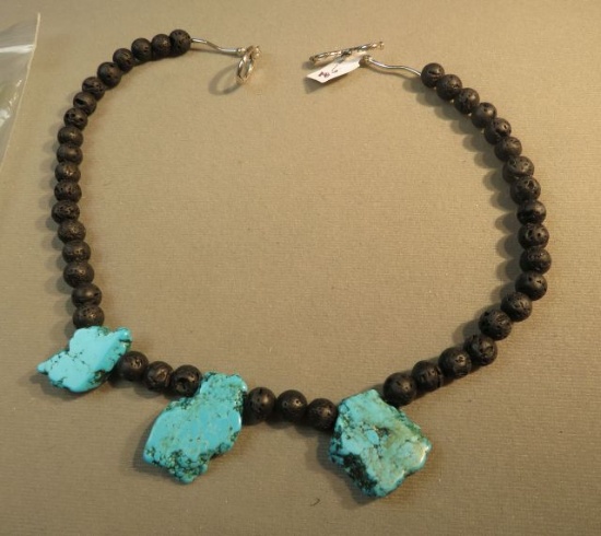 18" lava & turquoise necklace w/silver waves