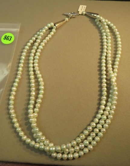 20" 3 strand necklace dyed light green pearl w/sterling cones & toggle clasp