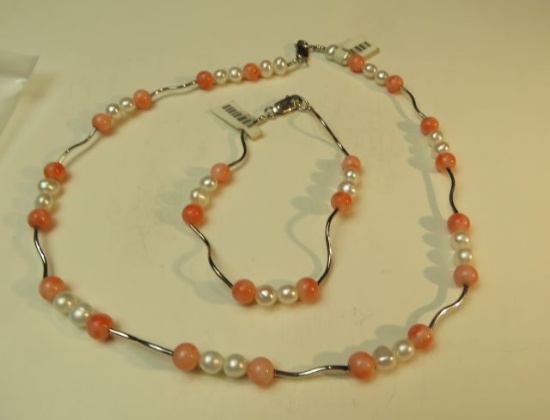 17" fresh water pearl necklace w/silver waves & angel skin coral & matching 8" bracelet, lobster cla