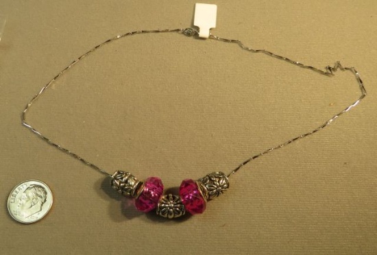 pink glass & silver tone beads on 16" chain