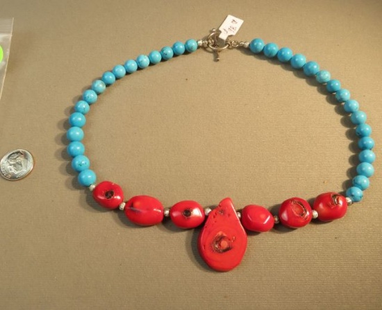 17" necklace - enhanced coral w/silver tone & round turquoise beads toggle clasp