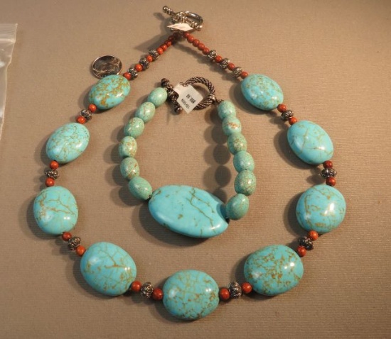 18" turquoise w/wood & silvertone beads necklace & 9" turquoise bracelet toggle clasps - 2 pc set