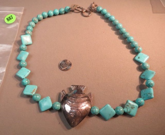 22" necklace - adjustable, turquoise beads w/sterling fish