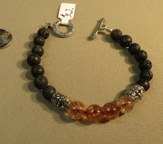 8" bracelet w/lava & amber glass beads toggle clasp