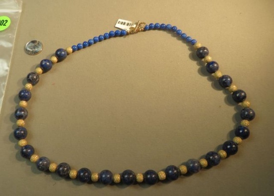 22" necklace w/blue & gold beads, gold filled toggle clasp