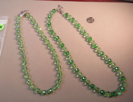 18" & 21" green glass beaded necklaces w/toggle clasps