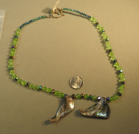 18" necklace - green bead w/2 abalone stones