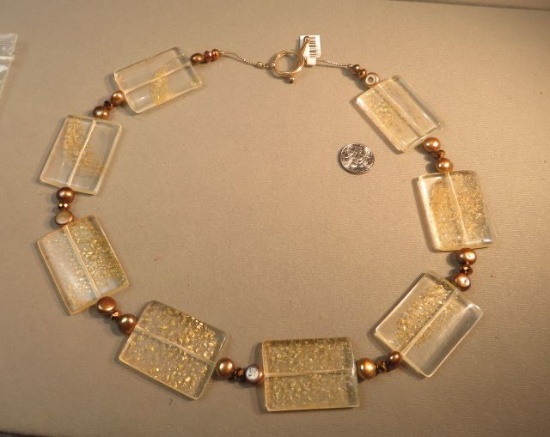 22" necklace - rectangular resin w/gold flecks w/dyed gold pearl & copper beads toggle clasp