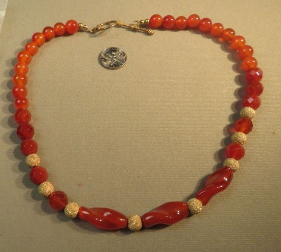 16 1/2" necklace- Carnelian w/gold tone beads & toggle clasp