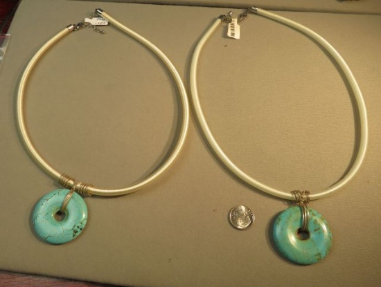 white silk cord necklace w/turquoise donut