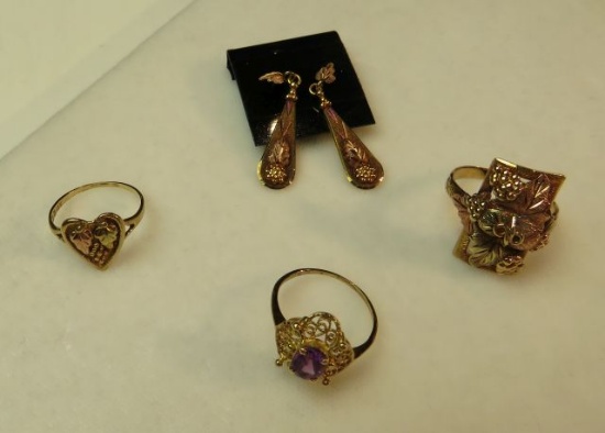10K -yg- 3 rings - 1- size 6 w/amethyst, 1- size 5 7/8 heart shaped, 1- size 8 tri colored leaf patt