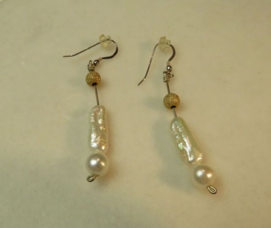 Sterling shepherd's hook earrings w/ fresh water pearl & stick fresh water pearl & gold tone bead
