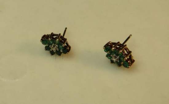 14K -yg- 8- emeralds & 1- 0.1 diamond post earrings (estate jewelry)