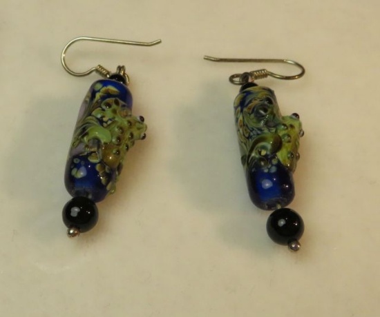 Sterling dangle "Frog on a Log" shepherd's hook earrings 1 1/2"