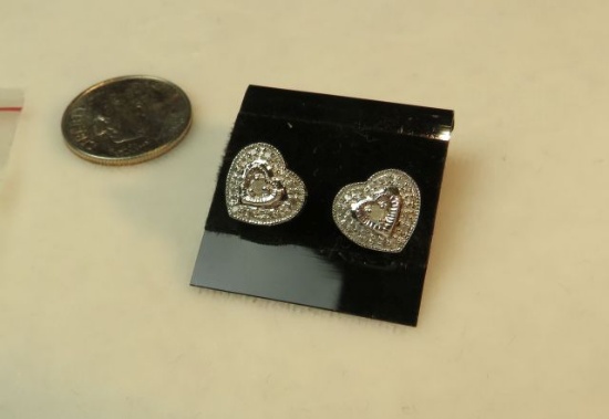 14K w.g. post earrings w/0.1 diamond around center stone - heart shaped (estate jewelry)