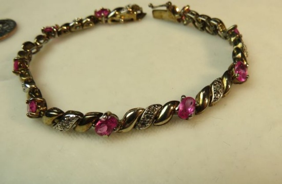 Sterling 7" bracelet w/14K w.g. diamond segments & pink tourmaline stones (estate jewelry)