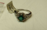 18K white gold ring with 14K yg prongs - round Emerald ring size 7 , weight 5.5, 16 diamonds with 6