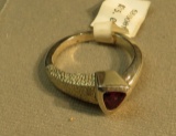 Sterling trillion cut Rhodolite Garnet Ring, size 9 with textured band 7.0 weight