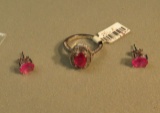 Sterling oval reddish pink stone ring size 7 1/2 with 168 c.z's. surrounding ring & earrings - set