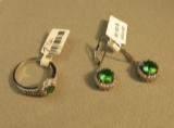 Sterling Helenite round green ring size 7 1/2 with c.z's. & matching leverback earrings