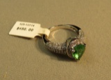 Rhodium plated pear shaped green Helenite with c.z. ring size 8