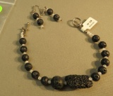 Sterling silver bracelet size 7 & shepherd hook earring set - black lava & crystal beads
