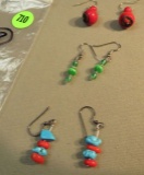 Sterling silver earrings with shepherd hook - 1- coral, 1- coral & turquoise & 1- green beads