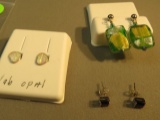 Sterling silver post earrings - green foil glass, lab opals, amethyst stud